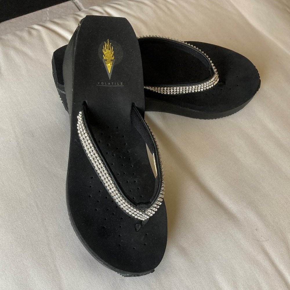 Volatile Rhinestone Studded Black Wedge Sandals Size 10
